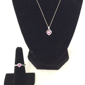 Sterling Silver Ruby & White Sapphire Heart Necklace and Ring Set